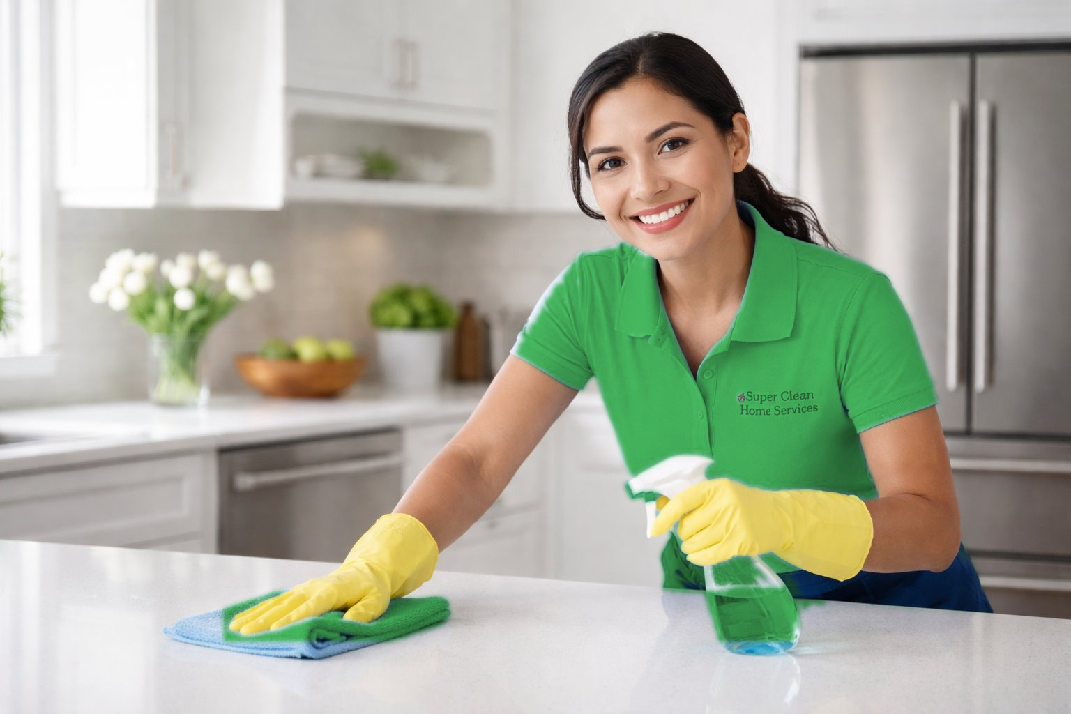 Friendly Super Clean Home Services team member in green polo cleaning a Chicago kitchen