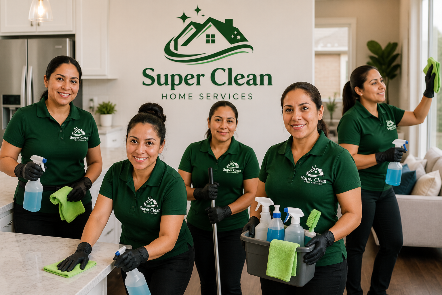 Friendly Super Clean Home Services team member in green polo cleaning a Chicago kitchen
