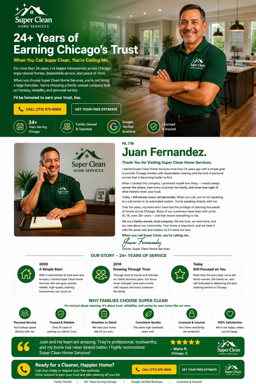 Super Clean Home Services About page featuring owner Juan Fernandez, 24 plus years of service, company story, trust benefits, customer testimonial, and contact buttons.