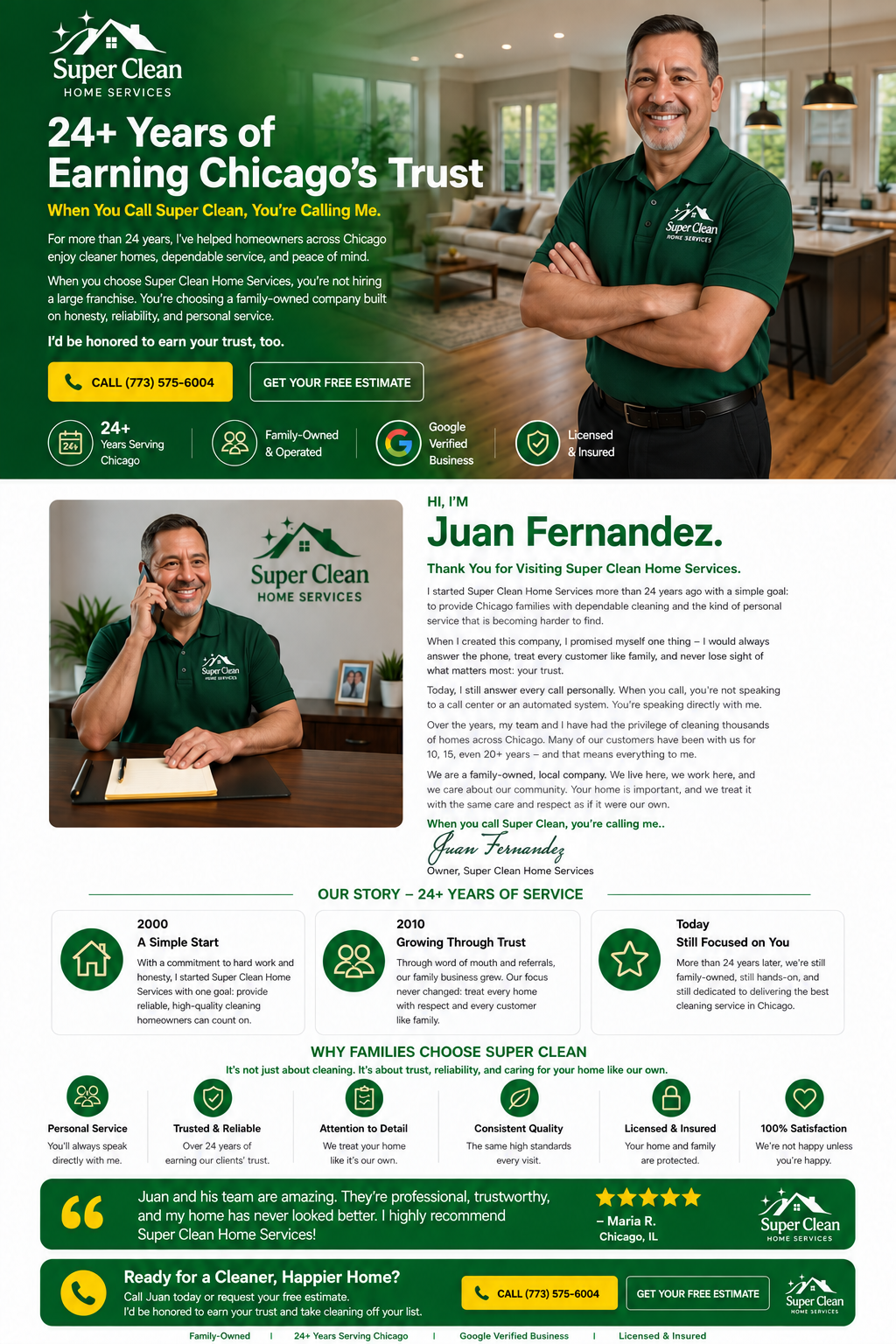 Super Clean Home Services About page featuring owner Juan Fernandez, 24 plus years of service, company story, trust benefits, customer testimonial, and contact buttons.