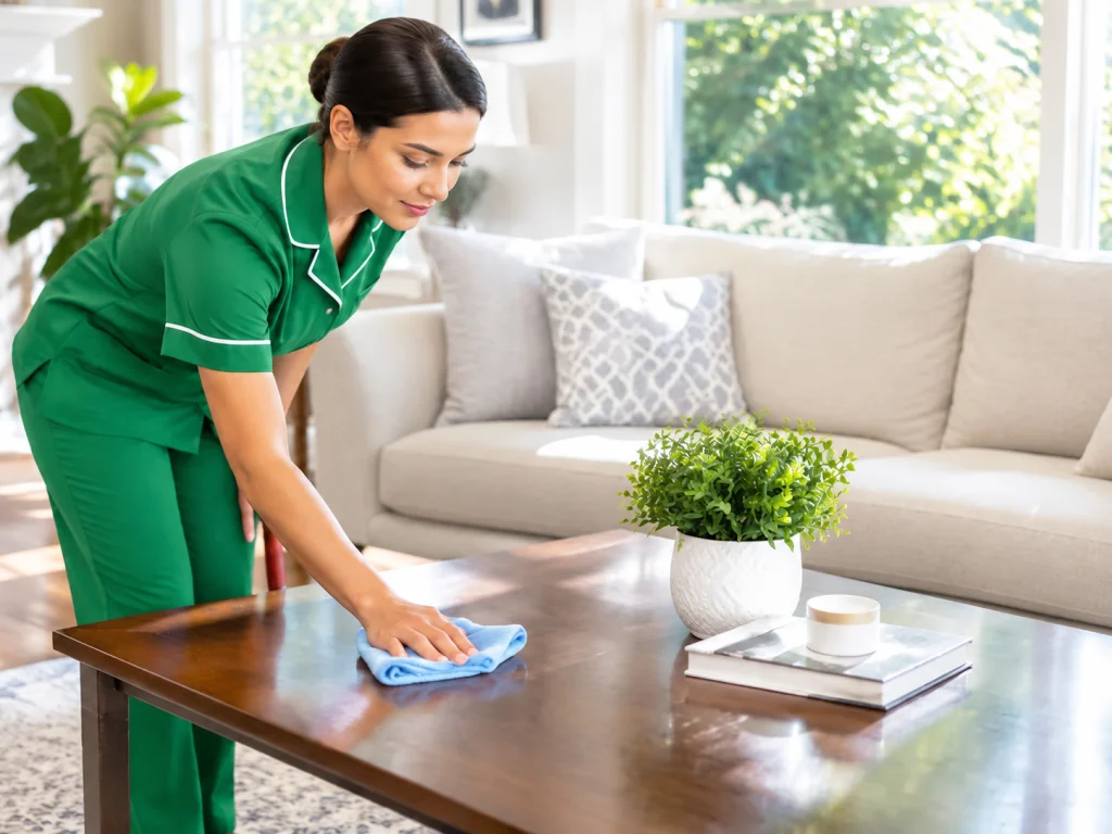 Super Clean house cleaner in a green uniform cleaning a kitchen counter